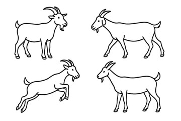 Poster - Goat outline collection. Set of isolated vector illustrations of a farm animal. Simple black and white line art of goats in various poses: standing, walking, jumping.