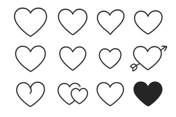 Fototapete - Heart outline vector collection. Love icon symbol set. Valentine's Day romantic design elements. Linear minimalist heart shapes. Cupid's arrow. Passion. Feelings.