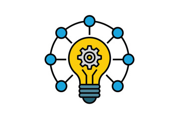 Poster - A lightbulb with a gear inside surrounded by connected blue circles on a white background design concept