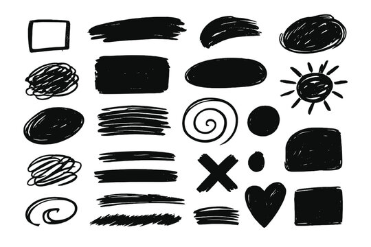 Hand drawn shapes set. Doodle sketch collection. Grunge ink brush strokes, scribbles, lines. Abstract vector design elements for highlighting text, backgrounds, textures.