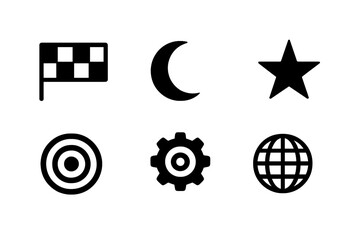 Poster - Vector icon set with basic universal symbols for web design. Includes racing flag, crescent, star, target, gear and globe. Glyphs for business and user interface.