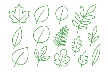 Poster - Green leaf outline icon set. Collection of various leaves line art. Botanical nature elements for eco friendly design. Simple plant and foliage vector illustration.