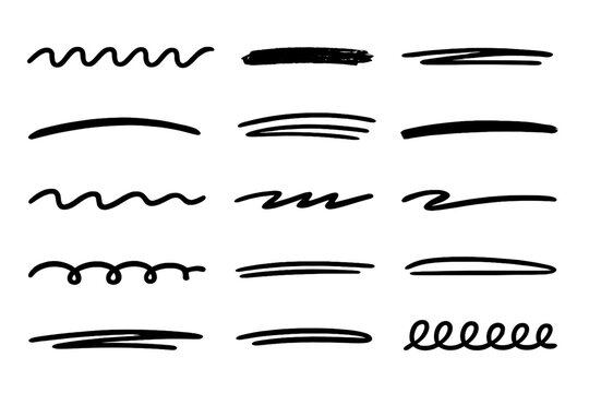 Hand drawn underline set. Marker brush strokes collection. Scribble doodle lines for text highlight. Black ink sketch dividers. Abstract graphic design elements.