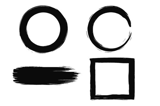Black ink brush stroke set. Hand drawn grunge circle, square frame, and line shapes. Abstract vector design elements. Japanese calligraphy style for creative projects.