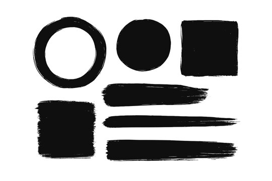 Ink brush stroke collection. Hand-drawn grunge texture shapes. Abstract vector set with circle, square, and line. Japanese sumi-e style elements for modern design.