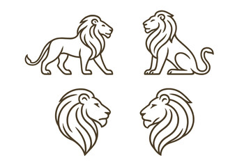 Poster - Lion logo line art set. Collection of elegant lion outline symbols. Simple vector mascot icon for branding. Walking and sitting lion, head profile. Minimalist animal design.