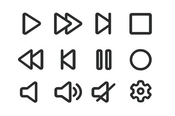 Poster - Media player control icon set. UI UX interface buttons for web, app design. Play, pause, stop, volume symbols. Audio video multimedia navigation elements. Simple line vector graphic.
