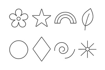 Poster - Minimalist outline icons set with flower, star, rainbow, leaf, sun, circle. Simple monochrome vector graphic elements for decoration, trendy patches or stickers.