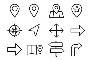 Poster - Set of navigation and location line icons. Vector symbols for map pointer, pin, compass, arrow, gps, destination and direction. Outline wayfinding and travel signs.