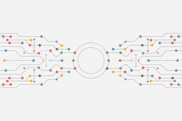 Poster - Abstract circuit board design with colorful dots and connections on a white background in a symmetrical layout