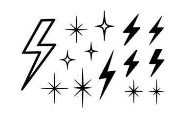 Poster - Lightning bolt and sparkle vector set. Starbursts and flash icons for comic design. Minimalist graphic elements for stickers. Black and white energy symbols collection.