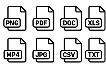 Poster - File Format Icon Set Vector Illustration—PNG, PDF, DOC, XLS, MP4, JPG, CSV, TXT—Minimal Outline Design for Digital and Document Management on Transparent Background