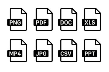 Poster - Big set of file format icons. Document type pictograms. PDF, DOC, XLS, CSV, PPT, PNG, JPG, MP4 file extensions. Vector linear illustration isolated on white background.