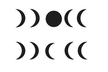 Poster - Moon phases vector icon set. Simple monochrome crescent shapes for astrology, mystical, spiritual, and cosmic themes. Black lunar cycle illustration symbol collection for logo.