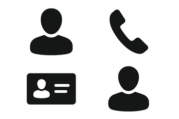 Poster - Set of simple black user and contact icons. Includes person silhouette, phone, and ID card symbols for web UI, avatar, profile, and business card design. Vector illustration.