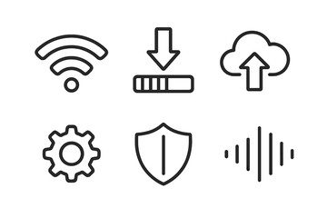 Fototapete - Modern Technology Icon Set with WiFi Signal, Download Progress, Cloud Upload, Gear Settings, Security Shield, and Soundwave Line Art for UI, Web, App, Digital Interface
