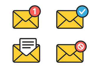 Poster - Email notification icon set. Mail envelope vector symbols for new unread message, sent or delivered confirmation, read letter, and spam or blocked message for web UI UX design.