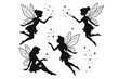© Charlie - Fairy silhouette collection. Set of magical pixies with wings and stars. Fantasy girl character with magic wand. Black vector illustration for fairytale design.