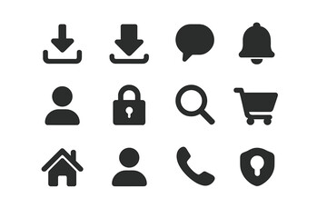 Poster - Essential web icon set for UI and UX design. Simple glyph collection for website and mobile app. Includes download, user, security lock, search, home, and shopping cart.