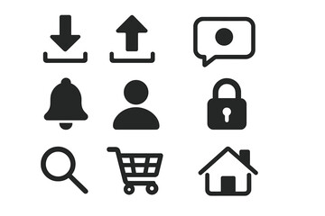 Poster - Web and mobile app UI UX icon set. Essential interface glyphs collection. Includes download, upload, message, notification bell, user profile, security lock, search and home.