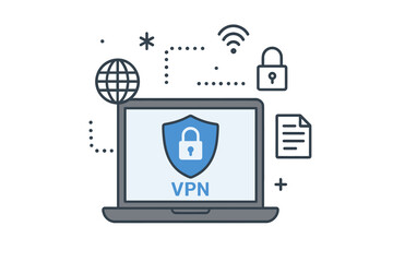 Poster - VPN service, secure connection concept with laptop. Virtual private network for cybersecurity, data protection and internet privacy. Secure web traffic and online anonymity.