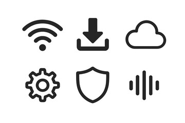 Fototapete - Technology vector icon set. Wifi signal, download arrow, cloud storage, settings gear, security shield, sound wave. UI UX elements for web design and mobile app interface.