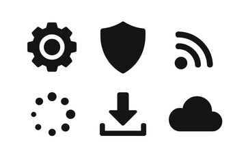 Aufkleber - Modern Technology Icon Set: Gear, Shield, Wireless Signal, Loading Dots, Download Arrow, Cloud Symbol, Black Transparent Vector, Digital User Interface Essentials