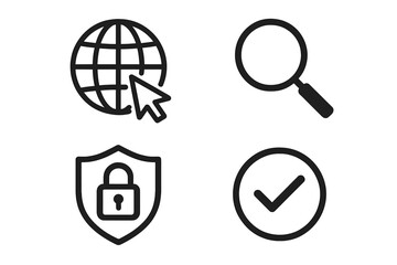 Fototapete - Web interface icon set with globe, search, security shield, and approval checkmark. Vector line art for UI design, apps, and websites. Essential internet symbols.