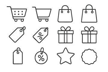  - Vector outline icons for e-commerce and online shopping. Set includes shopping cart, bag, price tag, discount label, gift box. Perfect for UI, UX, website, and app design.