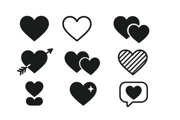 Aufkleber - Big set of heart icons. Love and romantic symbols for valentine's day design. Vector like and favorite button for social media. Heart with arrow. Isolated illustration.