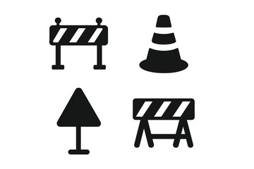 Aufkleber - Road work and construction site vector icon set. Traffic cone, street barrier, and warning sign silhouettes. Under construction and safety caution graphic elements for design.