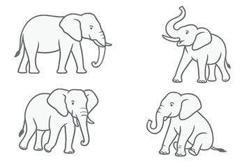 Aufkleber - Elephant line art collection. Set of simple elephant outline icons. African or Asian safari animal symbol. Wildlife mammal in various poses, walking, sitting, trunk up.