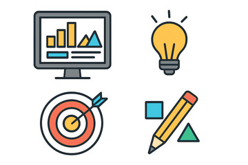 Aufkleber - Business marketing icon set. Data analytics, creative idea, strategy target, and design process concepts. Vector line icons for presentation, web, and infographics.