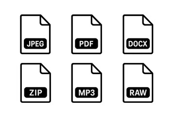 Aufkleber - File format icon set with popular extensions. Vector graphics for JPEG, PDF, DOCX, ZIP, MP3, SQL, RAW. Data type symbols for web, UI, UX, programming, document management.