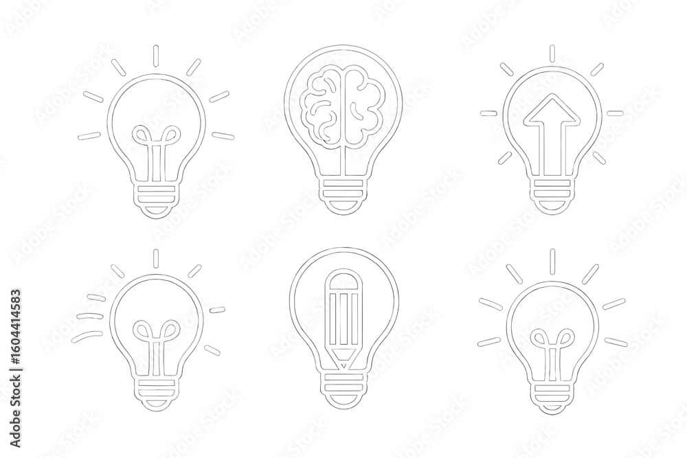 Light bulb outline icon set on black: creative ideas, innovation growth arrow, brain inside, pencil symbol, brainstorming, inspiration concept, startup design vector illustration