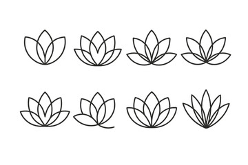 Aufkleber - Lotus flower line icon set. Minimalist floral logo symbols for yoga, spa, and wellness. Elegant nature plant vector illustration. Beauty and spiritual harmony design elements.