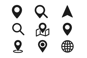 Aufkleber - Location icon set for maps and navigation. Vector pointers, search markers, and magnifying glass symbols. GPS UI elements for web and app design. Black flat glyph icons.