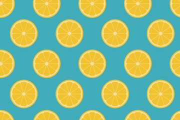 Poster - Repeated pattern of yellow lemon slices arranged on a light blue background creating a fresh and vibrant design