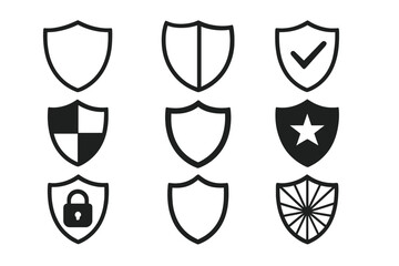 Poster - Shield Icon Collection, Diverse Security Shield Vector Designs, Protection and Privacy Symbols, Badge and Emblem Set, Minimal and Modern Safe Guard Illustration, Black Outline Transparent Background