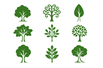 Green tree and leaf icon set, nine stylized botanical silhouettes for eco-friendly nature logos, forest conservation badges, organic garden branding, environmental decoration, isolated vector on white