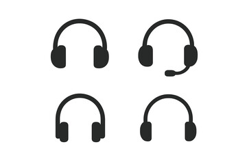 Poster - Headphone icon set. Minimalist vector collection of audio symbols. Includes headset with microphone for call center, support, or gaming. Simple flat black silhouette design.