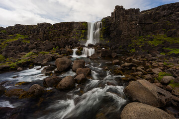 Canvas Print - scenic view of oxararfoss in summer.