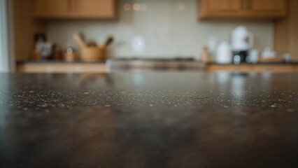 Poster - Empty stone tabletop photographed up close against a hazy kitchen scene