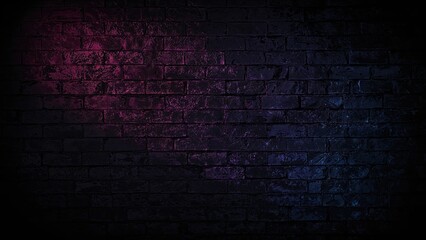 Poster - Empty brick wall with vibrant neon hues in shades of pink, purple, and blue.