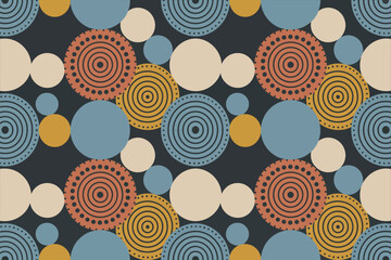 Poster - A seamless pattern featuring circles in various sizes colors and designs on a dark background surface view