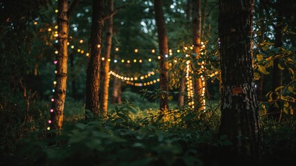 Poster - Summer nature pattern featuring trees adorned with glowing decorations