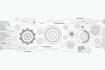 Poster - Abstract technology background with gears hexagons and circuit board elements in gray and white tones