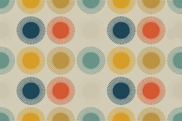 Poster - Repeating pattern of colorful circles with radiating lines on a light beige background creating a textile design