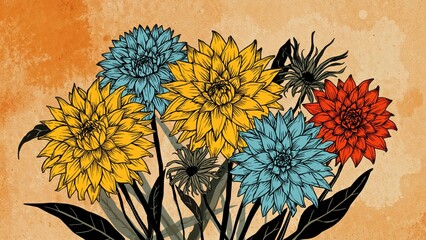 Poster - Monochrome outline of dahlia flowers with yellow and blue colors