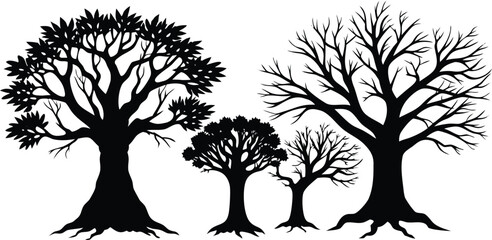 Four black tree silhouettes featuring leafy and bare deciduous varieties